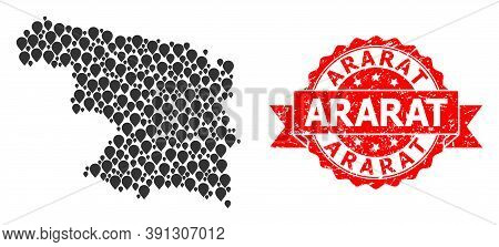 Pinpoint Mosaic Map Of Zamora Province And Grunge Ribbon Stamp. Red Stamp Has Ararat Tag Inside Ribb