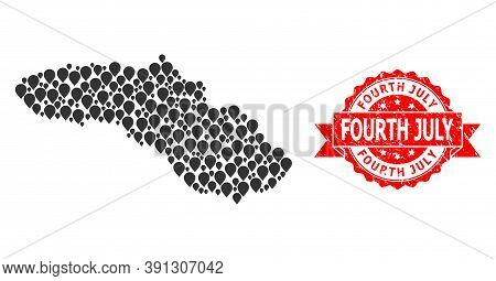 Pin Mosaic Map Of Sumba Island And Scratched Ribbon Stamp. Red Stamp Seal Has Fourth July Tag Inside