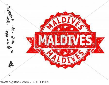 Marker Mosaic Map Of Maldives And Scratched Ribbon Seal. Red Stamp Seal Contains Maldives Caption In