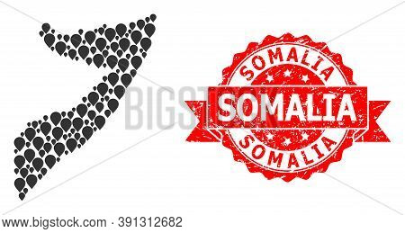 Target Mosaic Map Of Somalia And Grunge Ribbon Stamp. Red Stamp Contains Somalia Text Inside Ribbon.