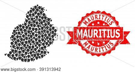 Pin Collage Map Of Mauritius Island And Grunge Ribbon Stamp. Red Stamp Seal Has Mauritius Title Insi
