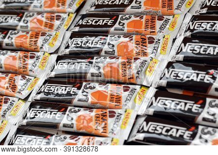 Many Nescafe Caramel Cream Coffee Sticks. Nescafe Is A Brand Of Coffee Made By Nestle, Swiss Multina