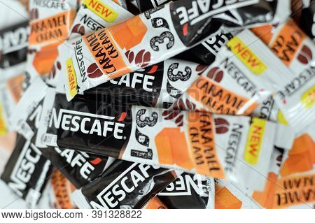 Many Nescafe Caramel Cream Coffee Sticks. Nescafe Is A Brand Of Coffee Made By Nestle, Swiss Multina