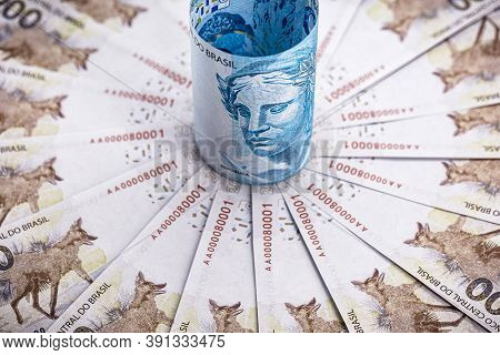 One Hundred Reais Banknote And Two Hundred Reais Banknotes, Money From Brazil, Conceptual Image For 