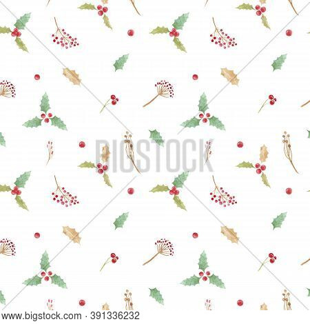 Seamless Pattern With Christmas Symbol Holly Leaves And Berries On A White Background.