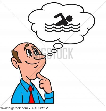 Thinking About Swimming Lessons - A Cartoon Illustration Of A Man Thinking About Taking Swimming Les