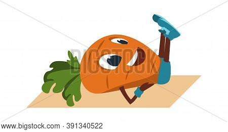 Cartoon Carrot Doing Exercise. Vegetable Mascot Lying On Gymnastic Mat. Sport Activity In Gym, Home 