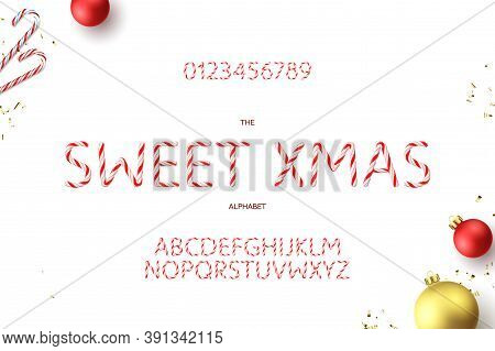 Christmas Alphabet And Numerals Template. Color Alphabet And Numerals Design With Red Candy Cane Tex