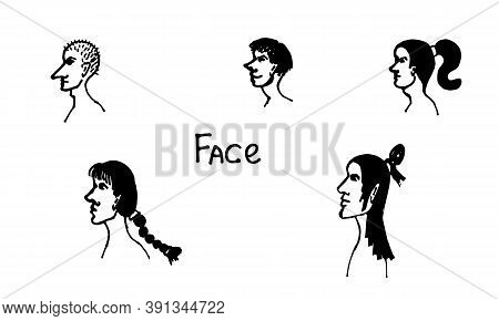 Half Face Silhouette. Vector Hand Drawn Ink Illustration. Collection Of Peoples Heads Side View. Sim