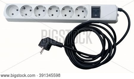 Electrical Extension Cord With Six Outlets On A White Background
