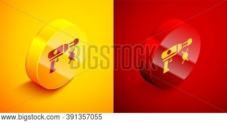 Isometric Transfer Liquid Gun In Biological Laborator Icon Isolated On Orange And Red Background. Ci