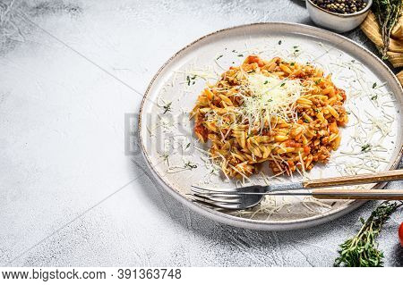 Bolognese Pasta, Risone With Ground Beef. White Background. Top View. Copy Space