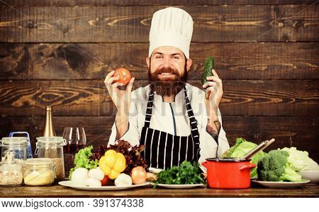 Say No To Unhealthy Food. Vitamin. Man Use Kitchenware. Professional Chef In Cook Uniform. Happy Man