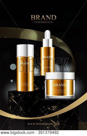 Black Marble Stand For Displaying Cosmetic Products With Golden Ribbon