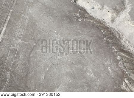 Aerial View Of Nazca Geoglyph The Hummingbird. Nazca, Peru.