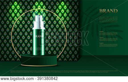 Cosmetics Products On A Pedestal With A Wallpaper Of A Peacock Pattern