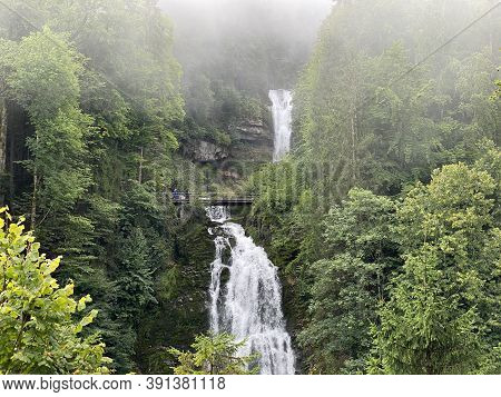 Giessbach Falls In The Eponymous Nature Park And Over Lake Brienz - Canton Of Bern, Switzerland