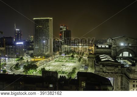 Milan, Italy - May 6: Scenic Aerial View At Night With Piazza Duca D'aosta And The Central Railway S