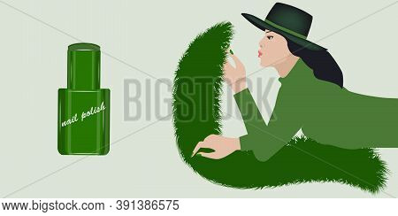 Woman Examines Collar Faux Fur Long Pile And Tone Nail Polish Green - Vector. Fashion. Beauty Saloon