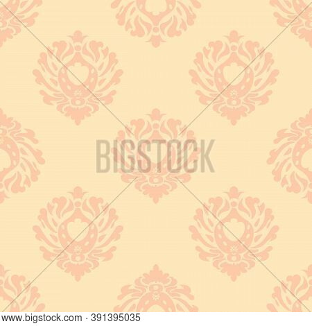 Vector Illustration. Damask Seamless Pattern Of Flowers. Pastel Brown Pattern On A Beige Background.