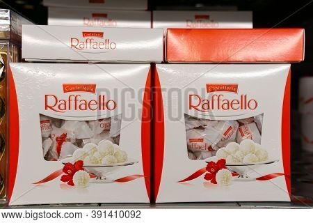 Tyumen, Russia-october 11, 2020: Raffaello Candies Box In A Hypermarket. Raffaello Is Italian Manufa
