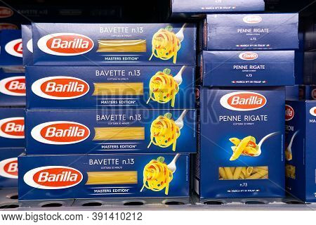 Tyumen, Russia-october 11, 2020: Barilla Pasta On The Shelves Of The Hypermarket. The Company Was Fo