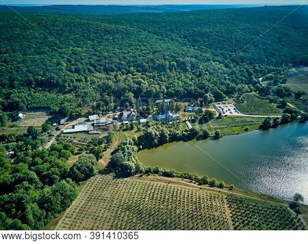 Aerial View Of Landscape With Lake About Thiganesty Monastery, Moldova Republic Of.