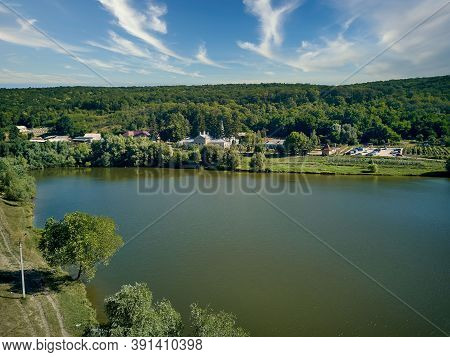 Aerial View Of Landscape With Lake About Thiganesty Monastery, Moldova Republic Of.