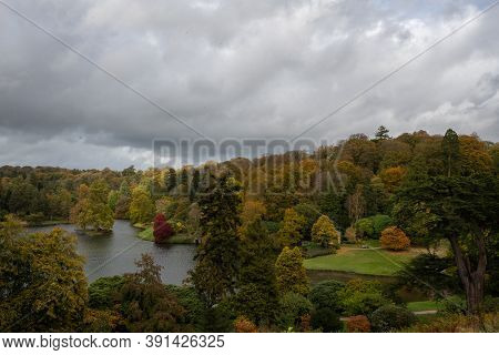 High Angle View Of The Autumn Colours At Stourhead Gardens
