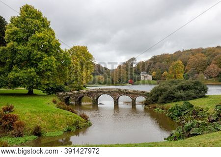 Landscape Photo Of The Pantheon And The Bridge At Stourhead Gardens In Autumn