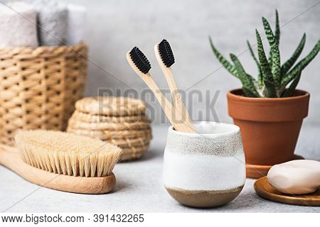 Charcoal Toothbrush In Bathroom With Anticellulite Brush, Antibacterial Soap. Sustainable Lifestyle