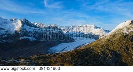 Aerial View Over The Largest Glacier In Europe - The Aletschgletscher In The Swiss Alps - Drone Foot