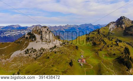 Popularf Tourist Hotspot In The Swiss Alps Called Schynige Platte Mountain - Aerial View