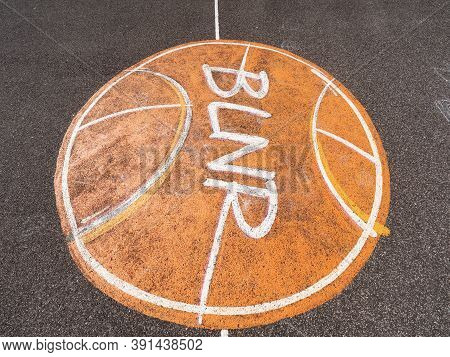 Basketball Court With The Team Mascot Paint. 17th Of September 2020. Lomnice, Czechia. The Ball Pain