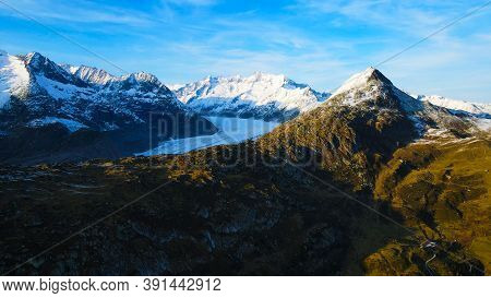 Aerial View Over The Largest Glacier In Europe - The Aletschgletscher In The Swiss Alps - Drone Foot