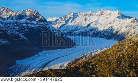 Aerial View Over The Largest Glacier In Europe - The Aletschgletscher In The Swiss Alps - Drone Foot