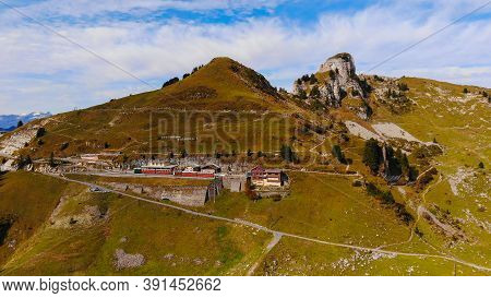 Popular Mountain In The Swiss Alps Called Schynige Platte In Switzerland - Aerial View