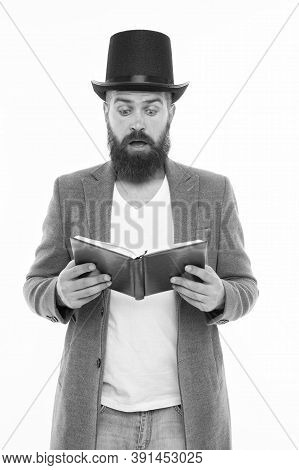Reading Dramatic Scenario. Bearded Man Read Book Isolated On White. Poetry Reading. Inspirational Bo