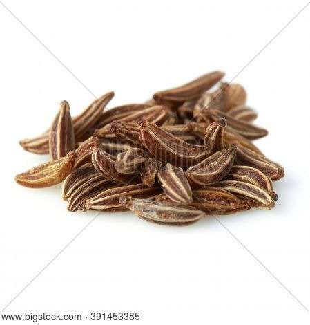 Caraway Seeds Isolated On White Background. Cumin Macro Photo, Studio Shooting.