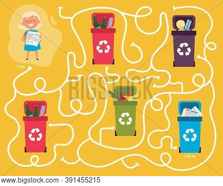 Recycling Maze For Kids With A Solution.labyrinth Game To Find Way Of Paper Waste To Proper Containe