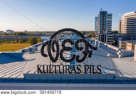 Riga, Latvia. August 20, 2020. Aerial View Over Riga Near Jauna Teika District By The Vef Castle. Bu