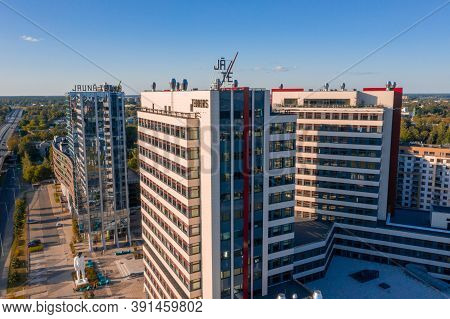 Riga, Latvia. August 20, 2020. Aerial View Of Riga Above Jauna Teika New District By The Vef Castle.