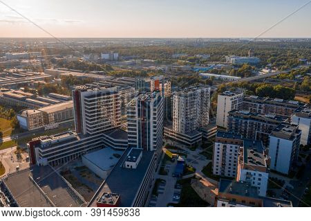 Riga, Latvia. August 20, 2020. Aerial View Of Riga Above Jauna Teika New District By The Vef Castle.