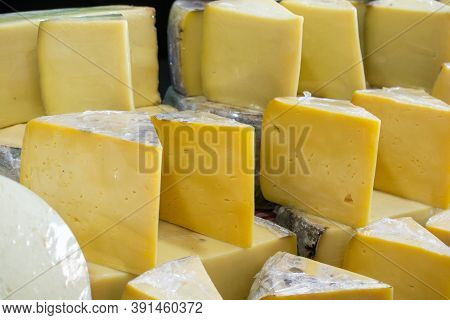 Cuts Of Kashkaval Or Kasseri  Cheese For Sale On The Shelf