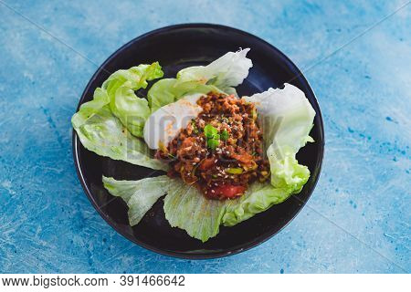 Healthy Plant-based Food Recipes Concept, Vegan San Choy Bow Asian Lettuce Wraps With Plant-based Mi