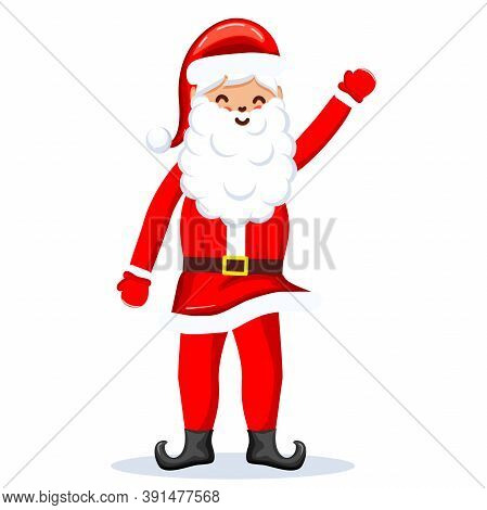 Santa Claus With A Raised Right Hand. Cartoon Character. Flat Cector Illustration