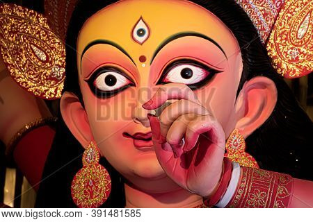 Goddess Durga Idol Decorated At Puja Pandal In Kolkata, West Bengal, India. Durga Puja Is Biggest Re