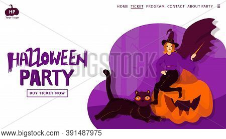 Halloween Holiday Greeting Invitation To A Party. Witch, Pumpkin And Cat On A Scare Wood Abstract Ba
