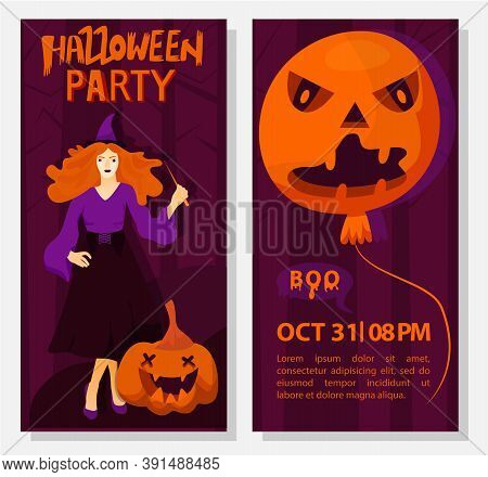 Halloween Flyer Template. Halloween Holiday Greeting Invitation To A Party. Pumpkin And Witch On A S