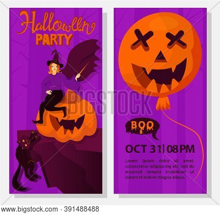 Halloween Flyer Template. Halloween Holiday Greeting Invitation To A Party. Pumpkin, Cat And Witch O
